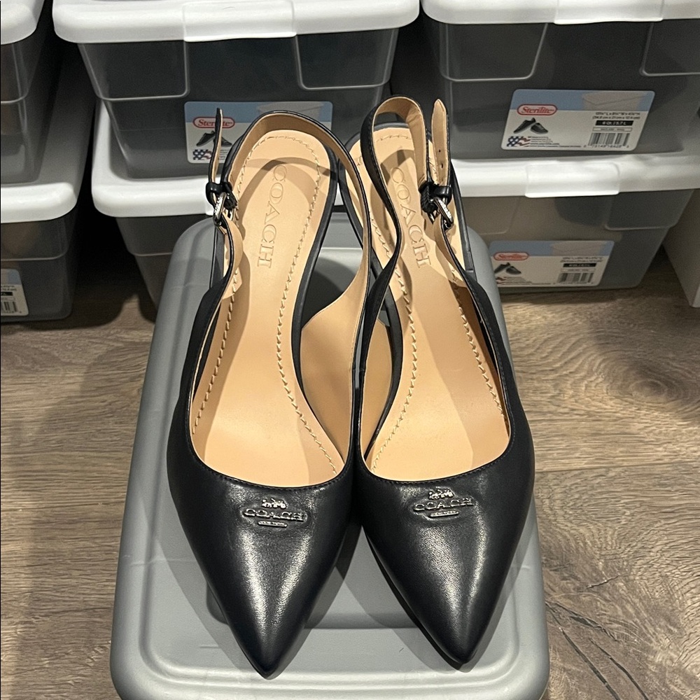 Coach Leather Pointed Toe Slingback Heels - Dark Blue